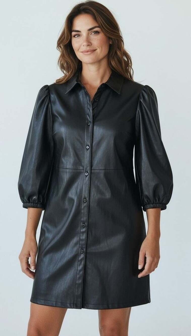 EXPRESS Black Vegan Faux Leather Puff Sleeve Shirt Dress Sz XL